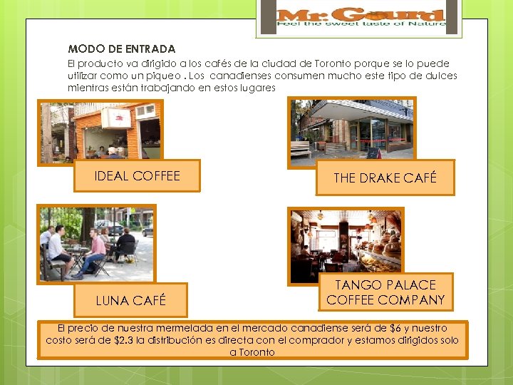 MODO DE ENTRADA El producto va dirigido a los cafés de la ciudad de