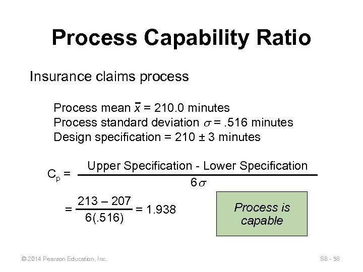 Process Capability Ratio Insurance claims process Process mean x = 210. 0 minutes Process