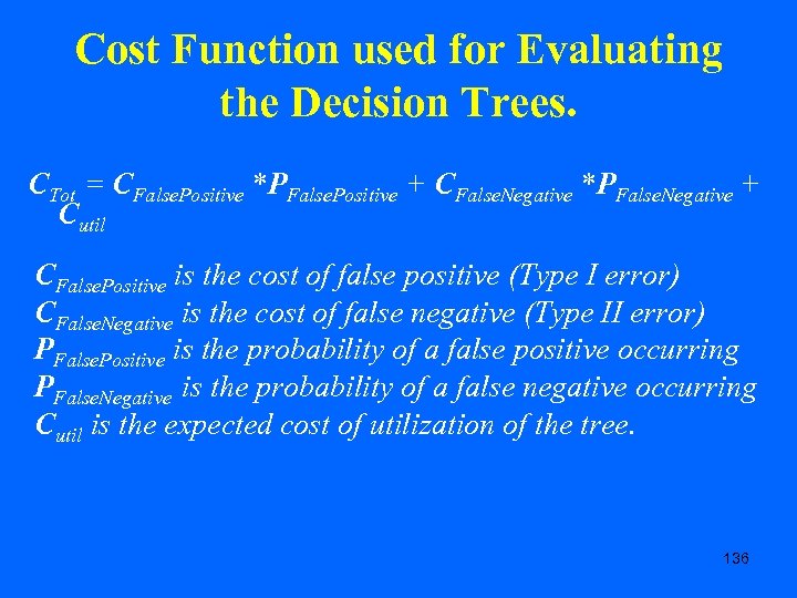 Cost Function used for Evaluating the Decision Trees. CTot = CFalse. Positive *PFalse. Positive