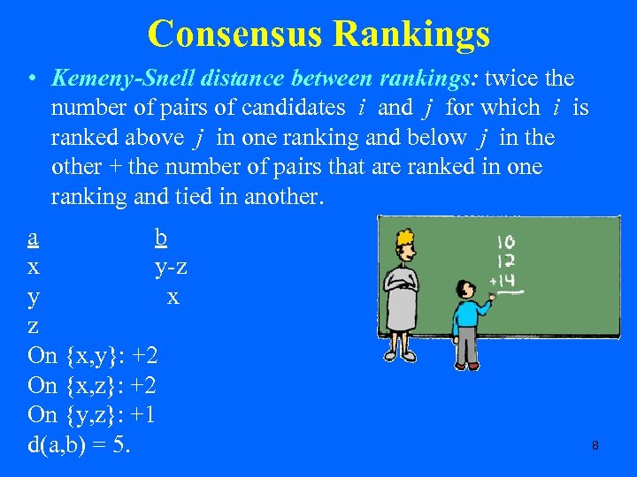Consensus Rankings • Kemeny-Snell distance between rankings: twice the number of pairs of candidates