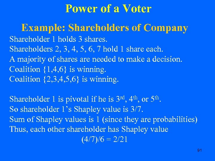 Power of a Voter Example: Shareholders of Company Shareholder 1 holds 3 shares. Shareholders