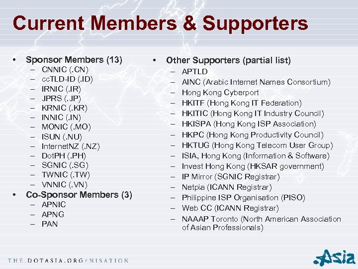 Current Members & Supporters • Sponsor Members (13) – – – – • CNNIC