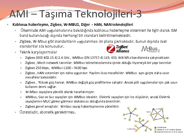 AMI – Taşıma Teknolojileri-3 • Kablosuz haberleşme, Zigbee, W-MBUS, Diğer - HAN, NAN teknolojileri