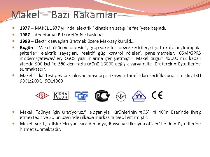 Makel – Bazı Rakamlar 1977 – MAKEL 1977 yılında elektrikli cihazların satışı ile faaliyete