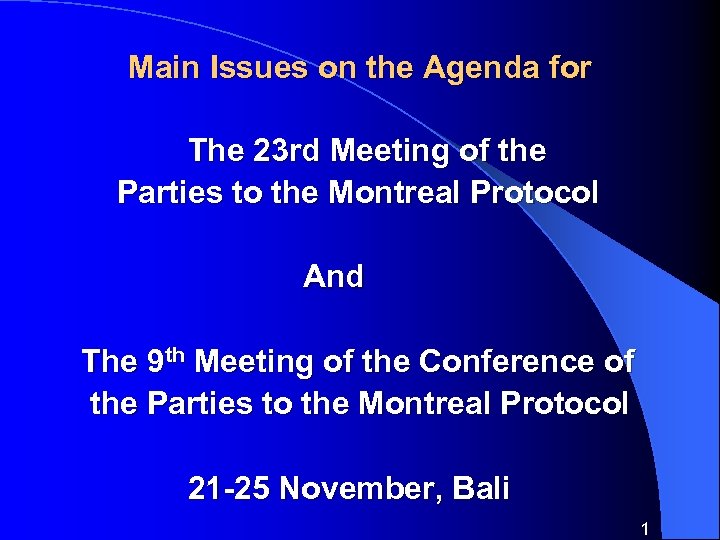 Main Issues on the Agenda for The 23 rd Meeting of the Parties to