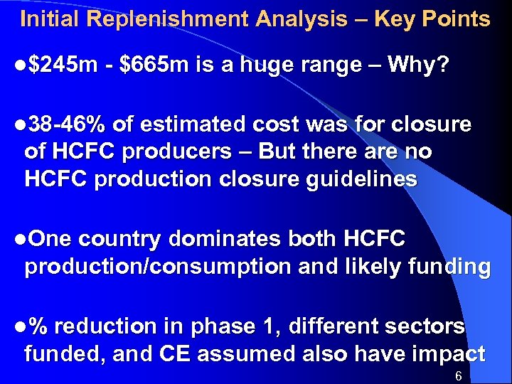 Initial Replenishment Analysis – Key Points l$245 m - $665 m is a huge