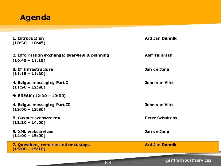Agenda 1. Introduction (10: 30 – 10: 45) Ard Jan Dunnik 2. Information exchange: