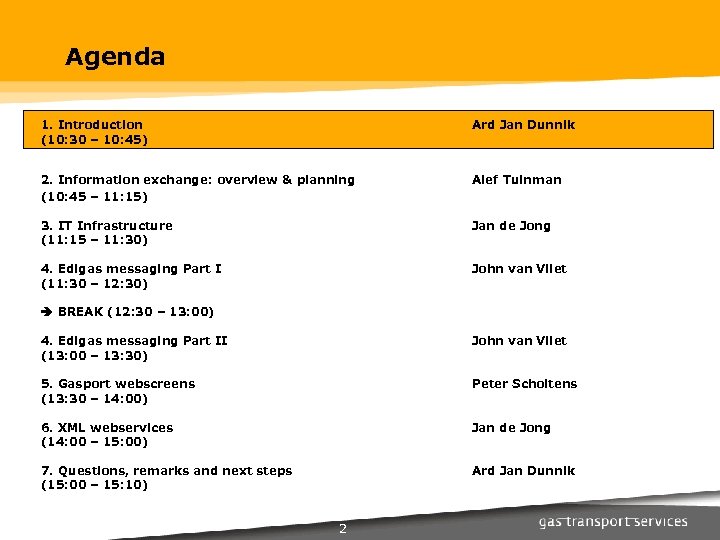 Agenda 1. Introduction (10: 30 – 10: 45) Ard Jan Dunnik 2. Information exchange: