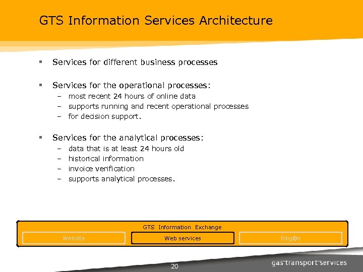 GTS Information Services Architecture § Services for different business processes § Services for the