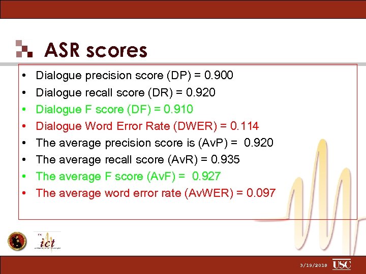 ASR scores • • Dialogue precision score (DP) = 0. 900 Dialogue recall score