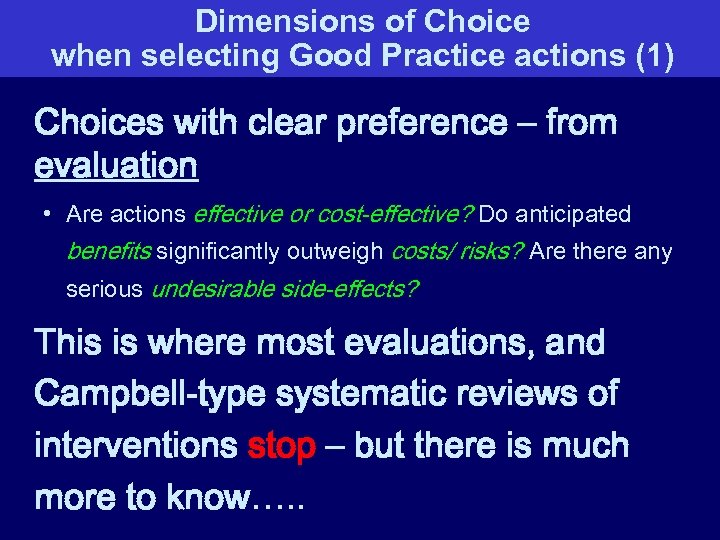 Dimensions of Choice when selecting Good Practice actions (1) Choices with clear preference –