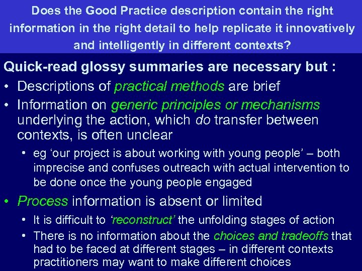 Does the Good Practice description contain the right information in the right detail to