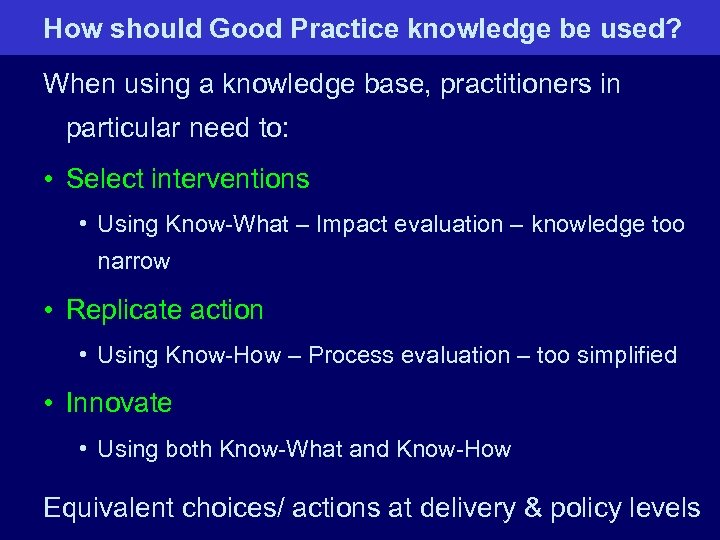 How should Good Practice knowledge be used? When using a knowledge base, practitioners in