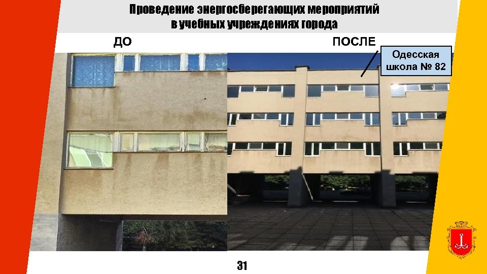 Проведение энергосберегающих мероприятий в учебных учреждениях города ДО ПОСЛЕ Одесская школа № 82 31