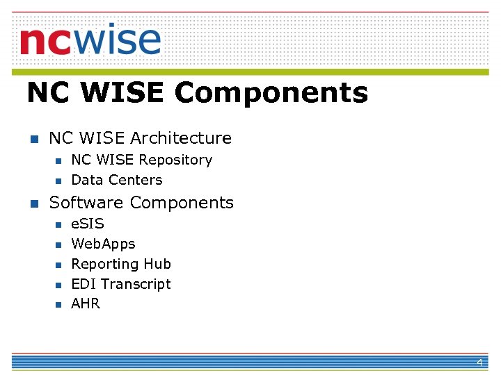 NC WISE Components n NC WISE Architecture n n n NC WISE Repository Data
