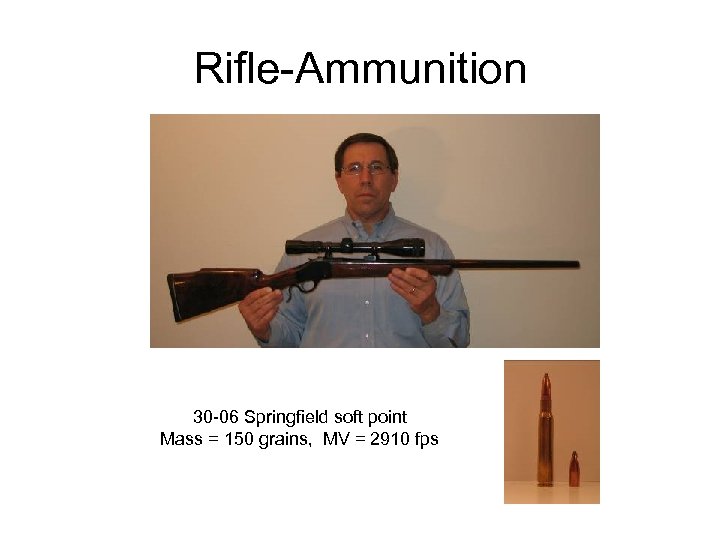 Rifle-Ammunition 30 -06 Springfield soft point Mass = 150 grains, MV = 2910 fps