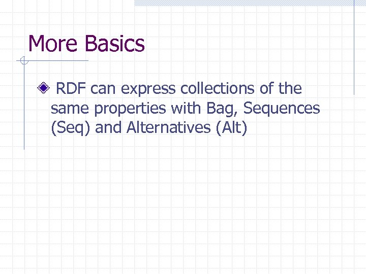 More Basics RDF can express collections of the same properties with Bag, Sequences (Seq)