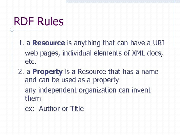 RDF Rules 1. a Resource is anything that can have a URI web pages,