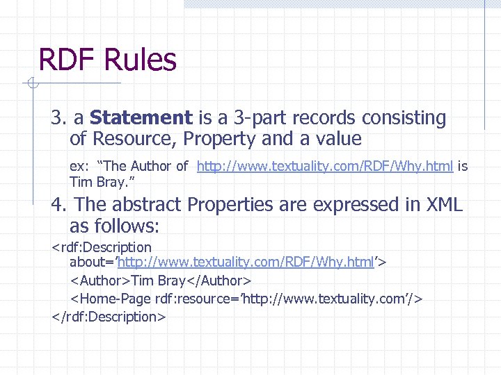 RDF Rules 3. a Statement is a 3 -part records consisting of Resource, Property