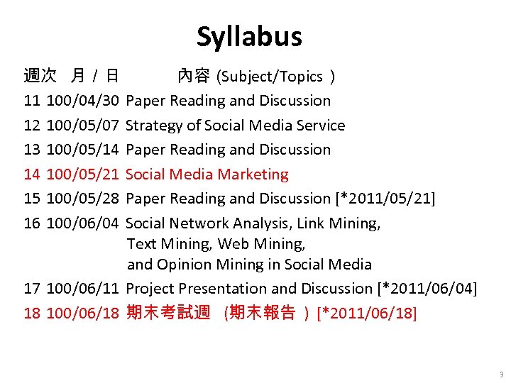 Syllabus 週次 月／日 內容（ Subject/Topics） 11 100/04/30 Paper Reading and Discussion 12 100/05/07 Strategy