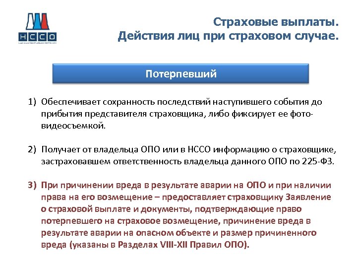 Страховые выплаты. Действия лиц при страховом случае. Потерпевший 1) Обеспечивает сохранность последствий наступившего события