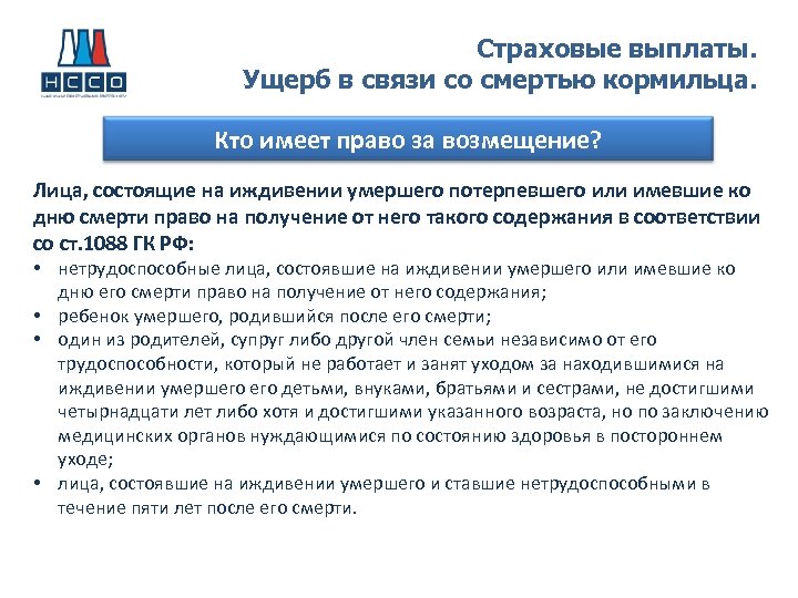 Страховые выплаты. Ущерб в связи со смертью кормильца. Кто имеет право за возмещение? Лица,