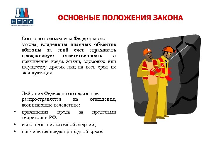 ОСНОВНЫЕ ПОЛОЖЕНИЯ ЗАКОНА Согласно положениям Федерального закона, владельцы опасных объектов обязаны за свой счет