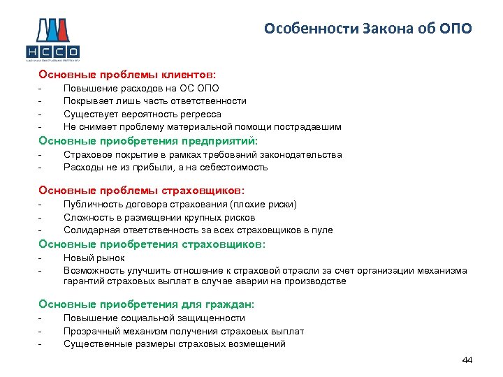 Особенности Закона об ОПО Основные проблемы клиентов: - Повышение расходов на ОС ОПО Покрывает