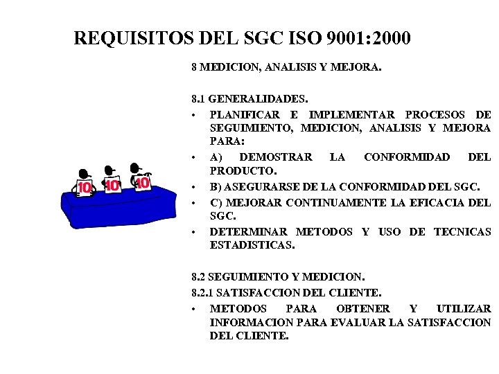 REQUISITOS DEL SGC ISO 9001: 2000 8 MEDICION, ANALISIS Y MEJORA. 8. 1 GENERALIDADES.