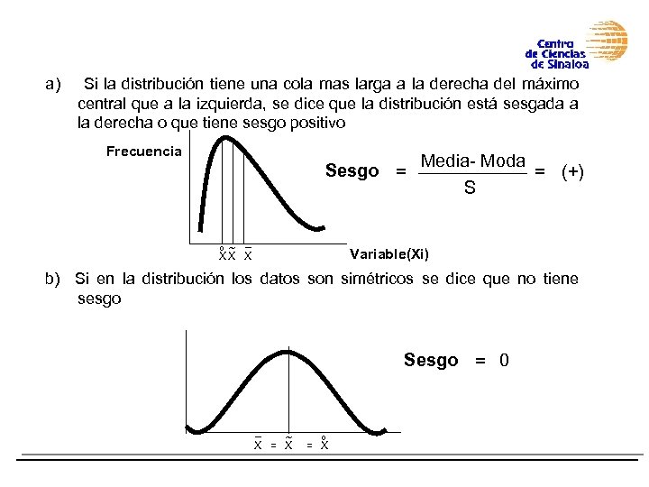 a) Si la distribución tiene una cola mas larga a la derecha del máximo