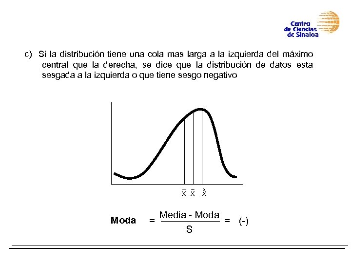c) Si la distribución tiene una cola mas larga a la izquierda del máximo