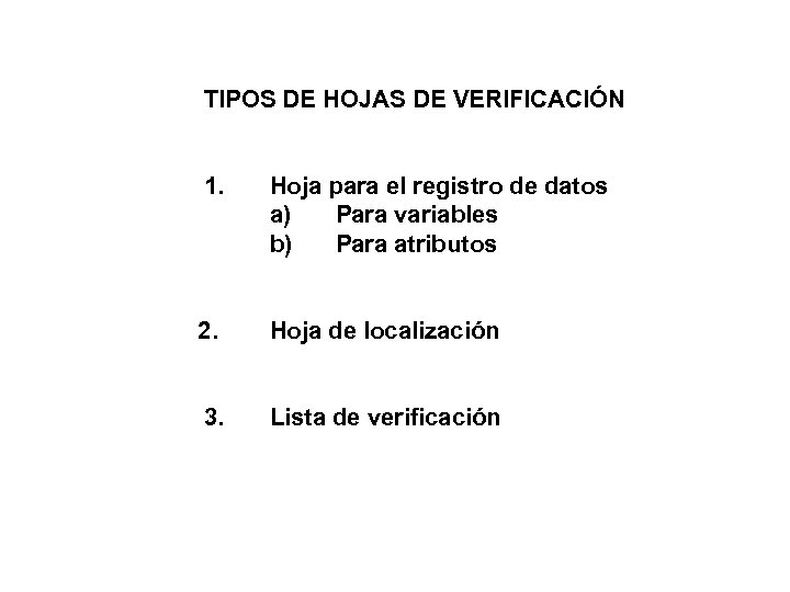 TIPOS DE HOJAS DE VERIFICACIÓN 1. Hoja para el registro de datos a) Para