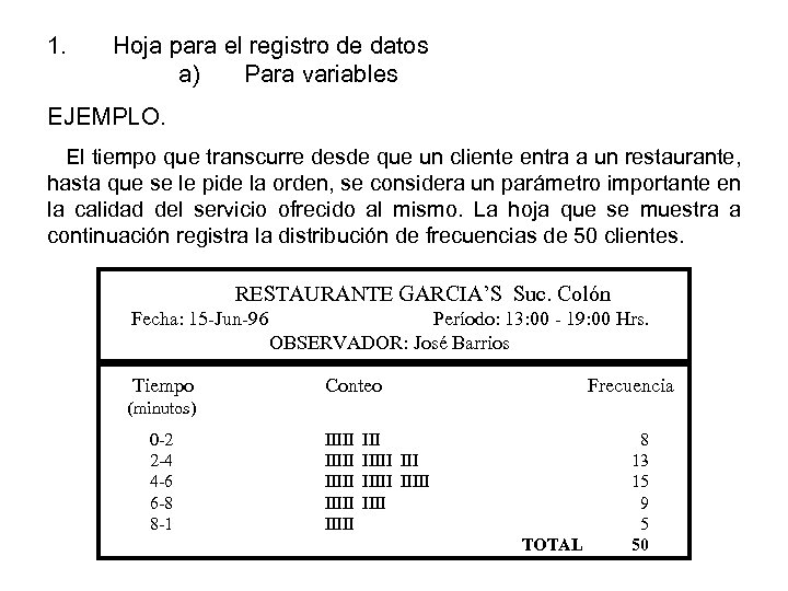 1. Hoja para el registro de datos a) Para variables EJEMPLO. El tiempo que