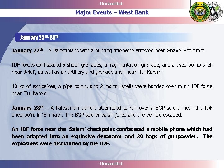 -Unclassified- Major Events – West Bank January 25 th-28 th January 27 th –