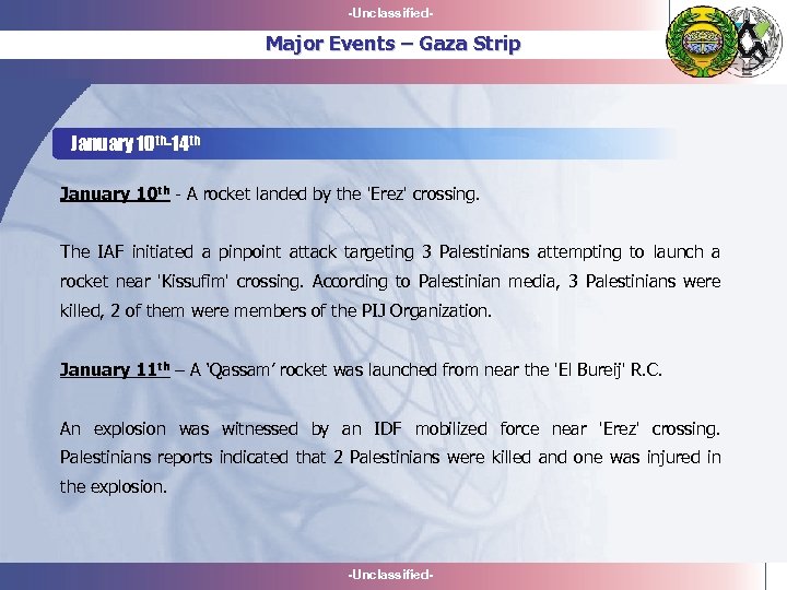 -Unclassified- Major Events – Gaza Strip January 10 th-14 th January 10 th -