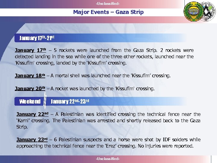 -Unclassified- Major Events – Gaza Strip January 17 th-21 st January 17 th –