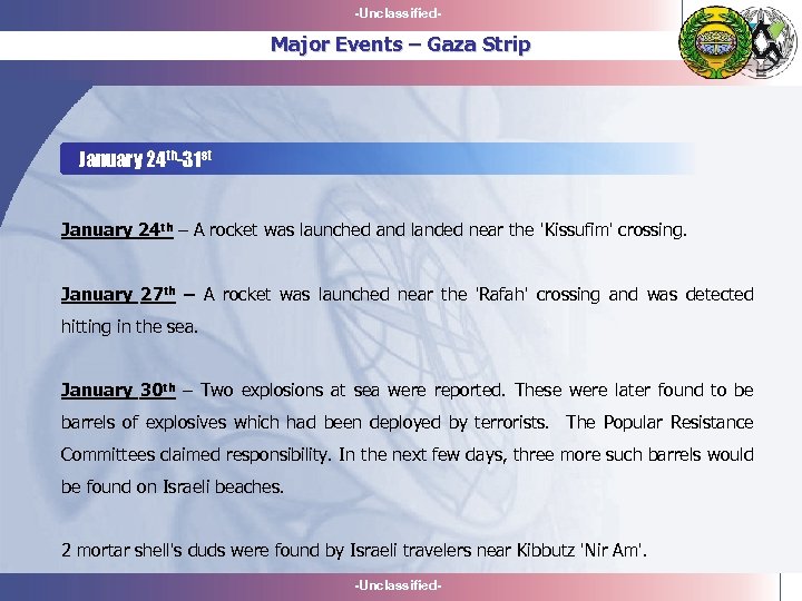 -Unclassified- Major Events – Gaza Strip January 24 th-31 st January 24 th –