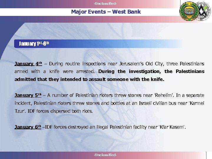 -Unclassified- Major Events – West Bank January 1 st-6 th January 4 th –