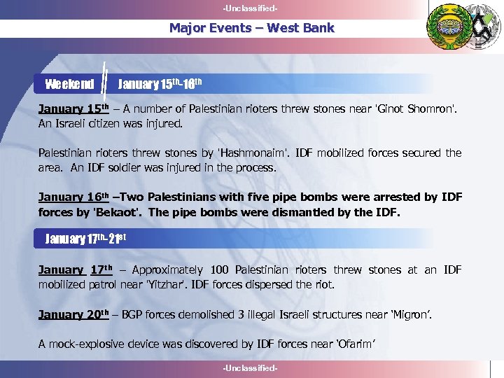 -Unclassified- Major Events – West Bank Weekend January 15 th-16 th January 15 th