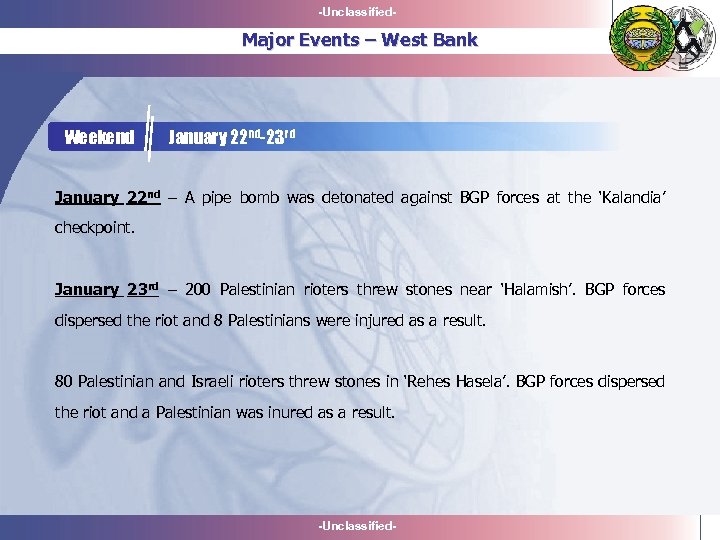 -Unclassified- Major Events – West Bank Weekend January 22 nd-23 rd January 22 nd