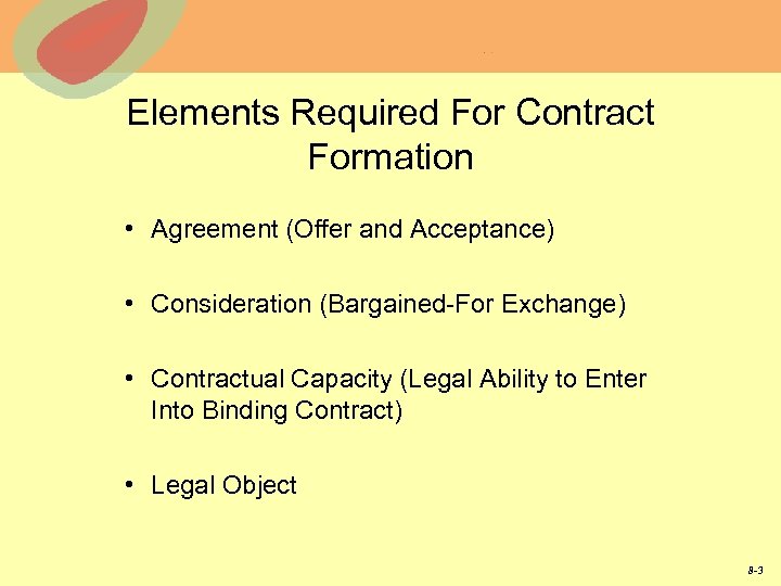 Elements Required For Contract Formation • Agreement (Offer and Acceptance) • Consideration (Bargained-For Exchange)