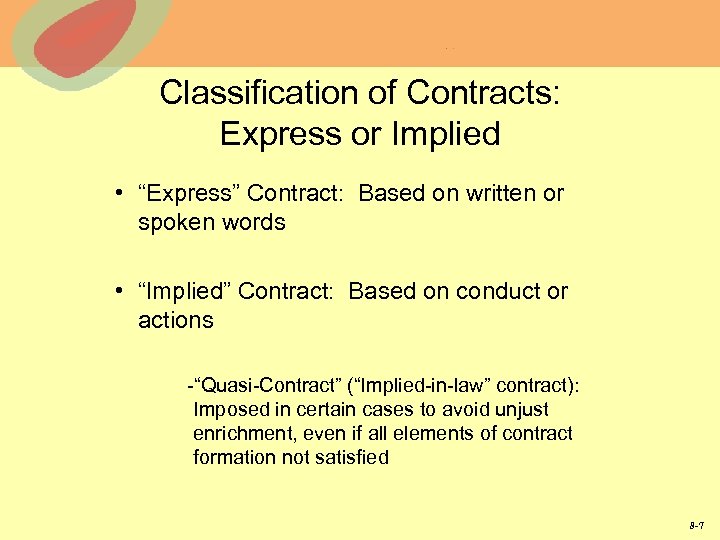 Classification of Contracts: Express or Implied • “Express” Contract: Based on written or spoken