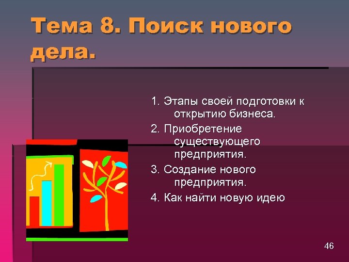 Тема 8. Поиск нового дела. 1. Этапы своей подготовки к открытию бизнеса. 2. Приобретение