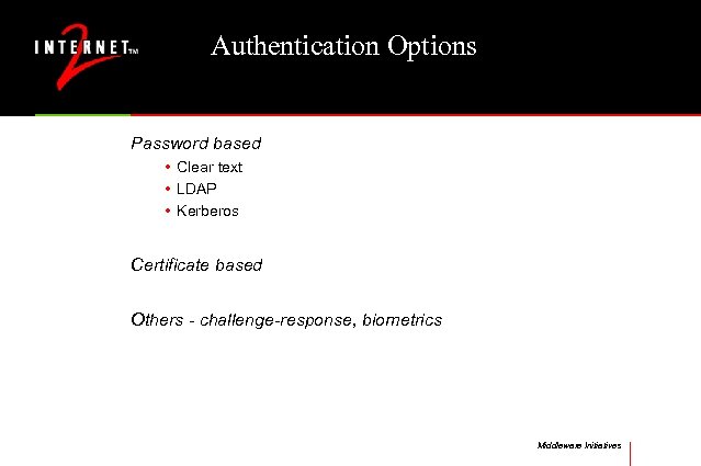 Authentication Options Password based • Clear text • LDAP • Kerberos Certificate based Others