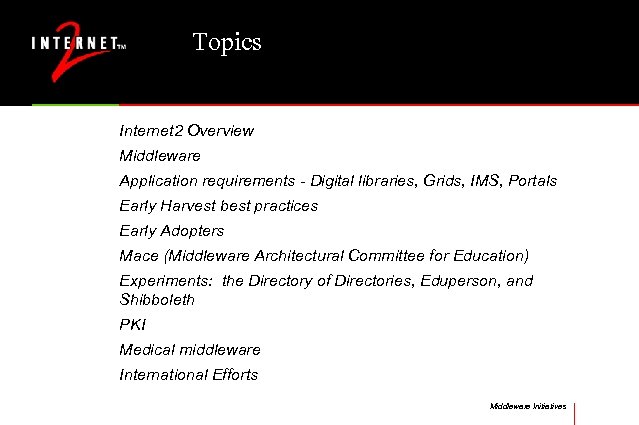 Topics Internet 2 Overview Middleware Application requirements - Digital libraries, Grids, IMS, Portals Early