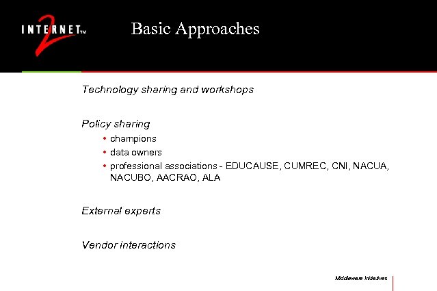 Basic Approaches Technology sharing and workshops Policy sharing • champions • data owners •