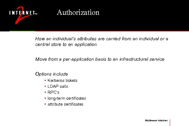 Authorization How an individual’s attributes are carried from an individual or a central store