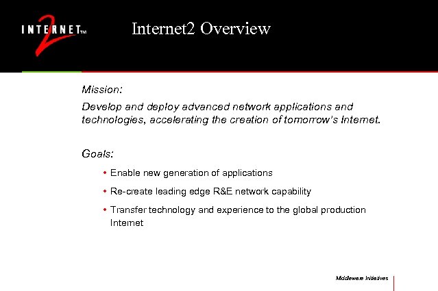 Internet 2 Overview Mission: Develop and deploy advanced network applications and technologies, accelerating the