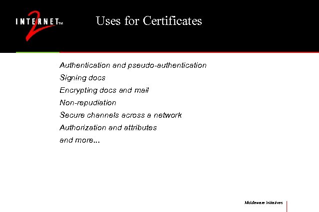 Uses for Certificates Authentication and pseudo-authentication Signing docs Encrypting docs and mail Non-repudiation Secure