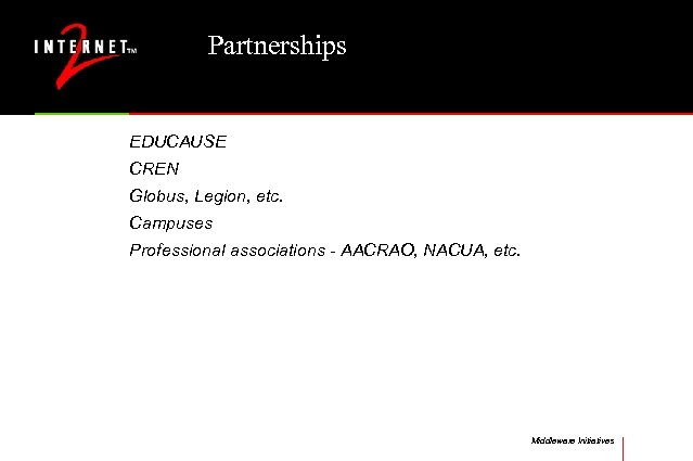 Partnerships EDUCAUSE CREN Globus, Legion, etc. Campuses Professional associations - AACRAO, NACUA, etc. Middleware